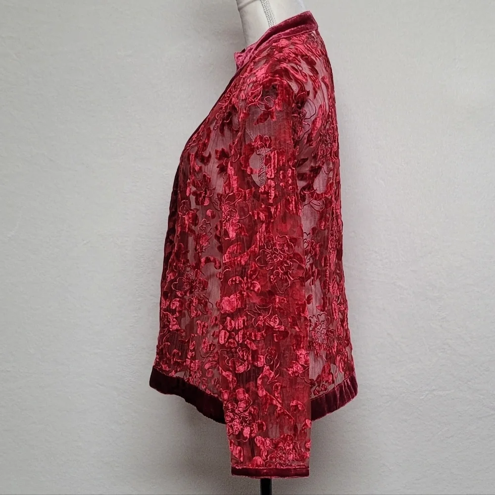 Chico's 90s Vintage Red Burnout Velvet Floral Sheer Mesh Open Front Cardi Jacket